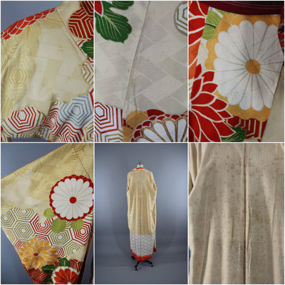 1960s - 1970s Vintage Silk Kimono Robe / Gold Orange Floral Furisode - ThisBlueBird