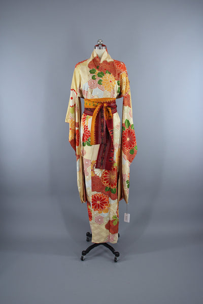 1960s - 1970s Vintage Silk Kimono Robe / Gold Orange Floral Furisode - ThisBlueBird