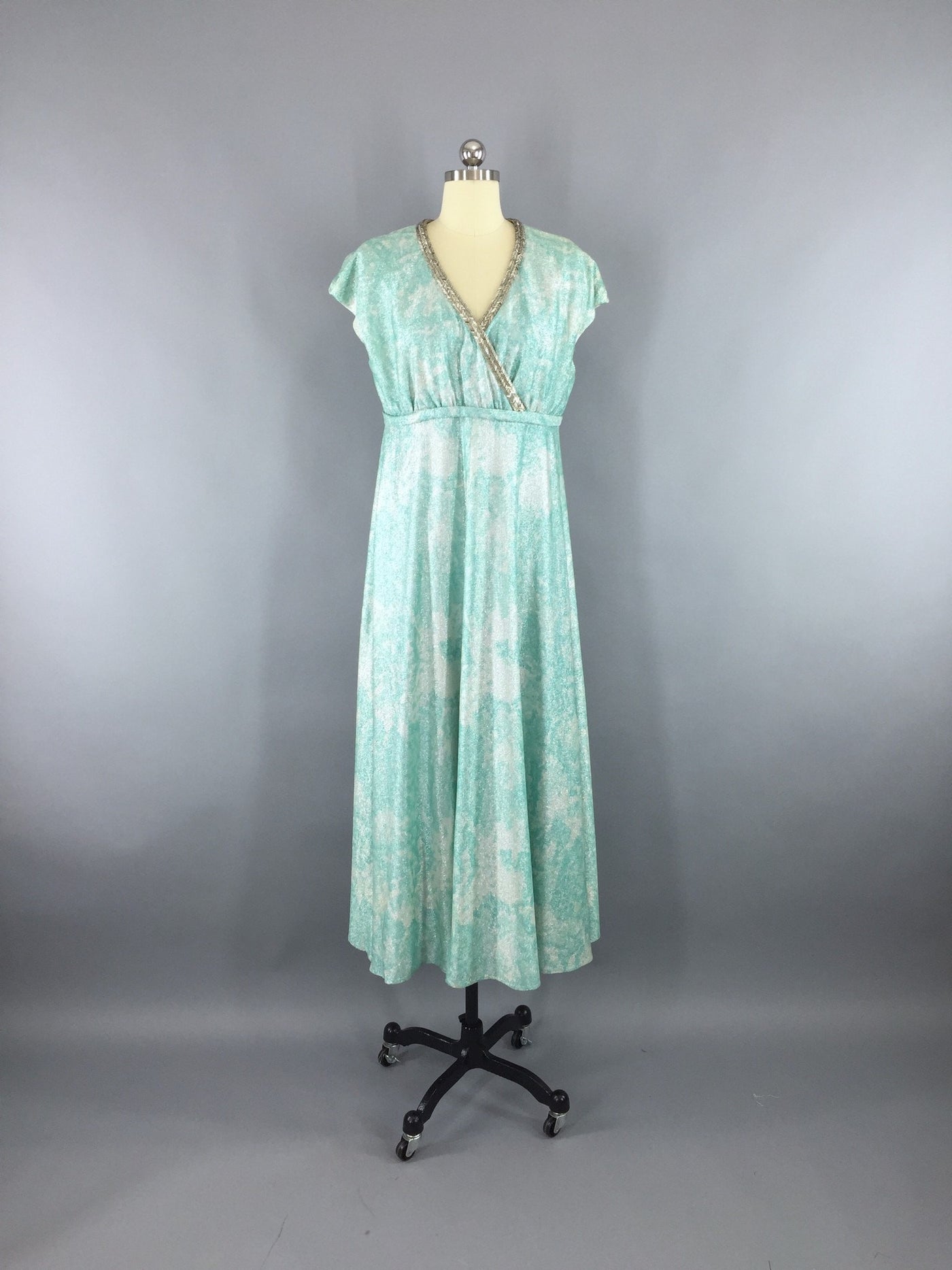 1960s Vintage Blue Silver LUREX Grecian Goddess Maxi Dress - ThisBlueBird