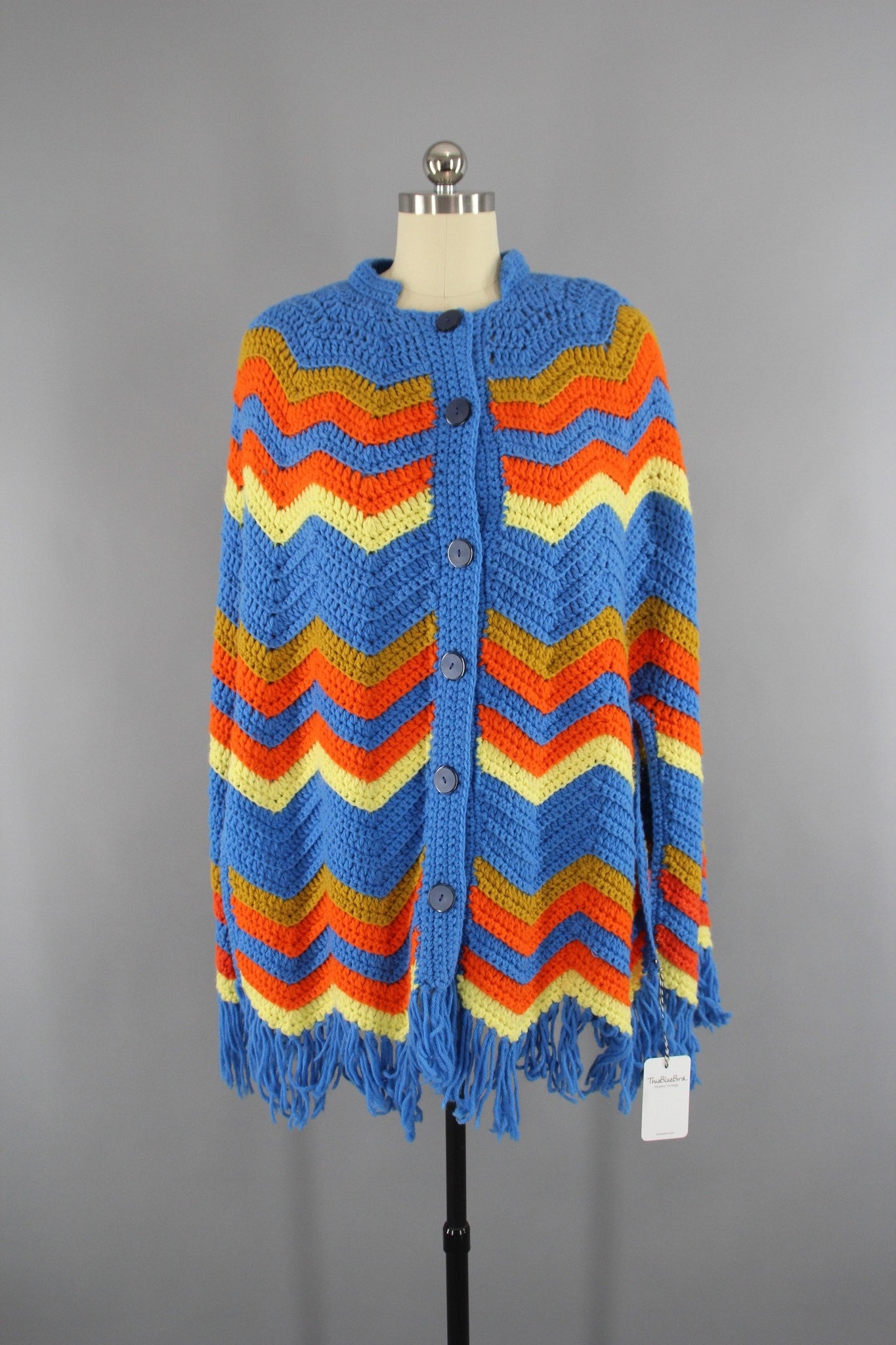 1960s Vintage Cape / Blue & Orange Chevron Knit - ThisBlueBird