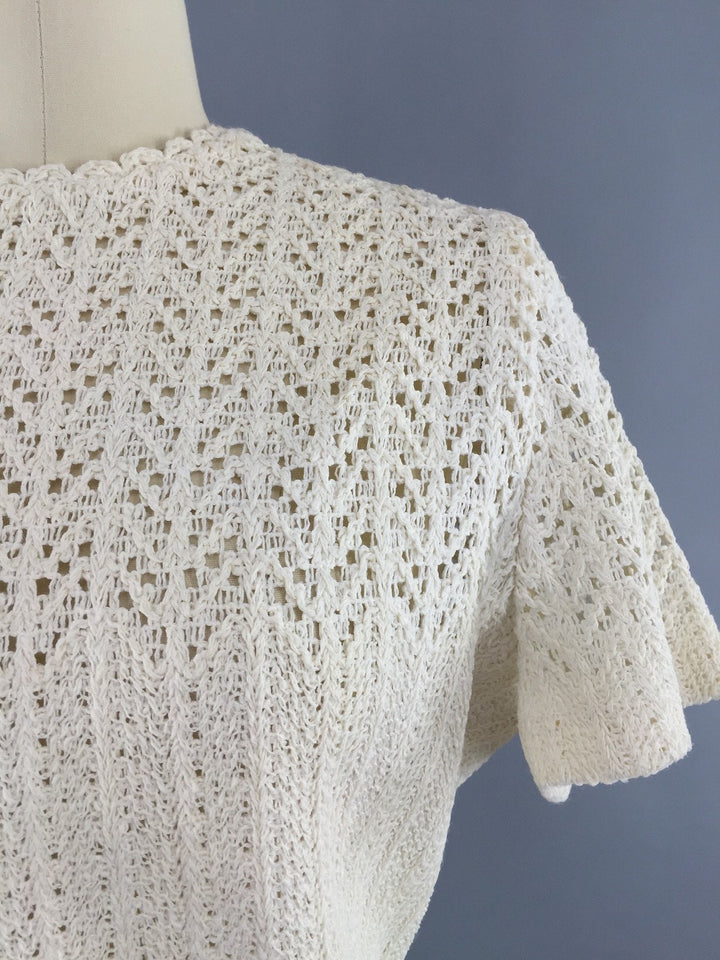 1960s Vintage Dalton Crocheted White Sweater Dress - ThisBlueBird