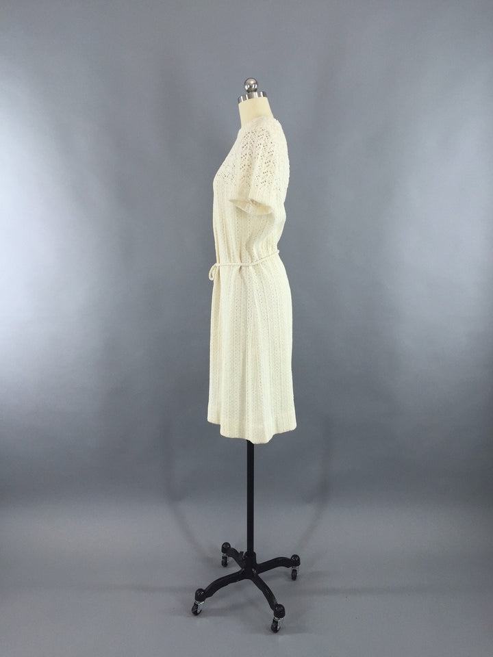 1960s Vintage Dalton Crocheted White Sweater Dress - ThisBlueBird