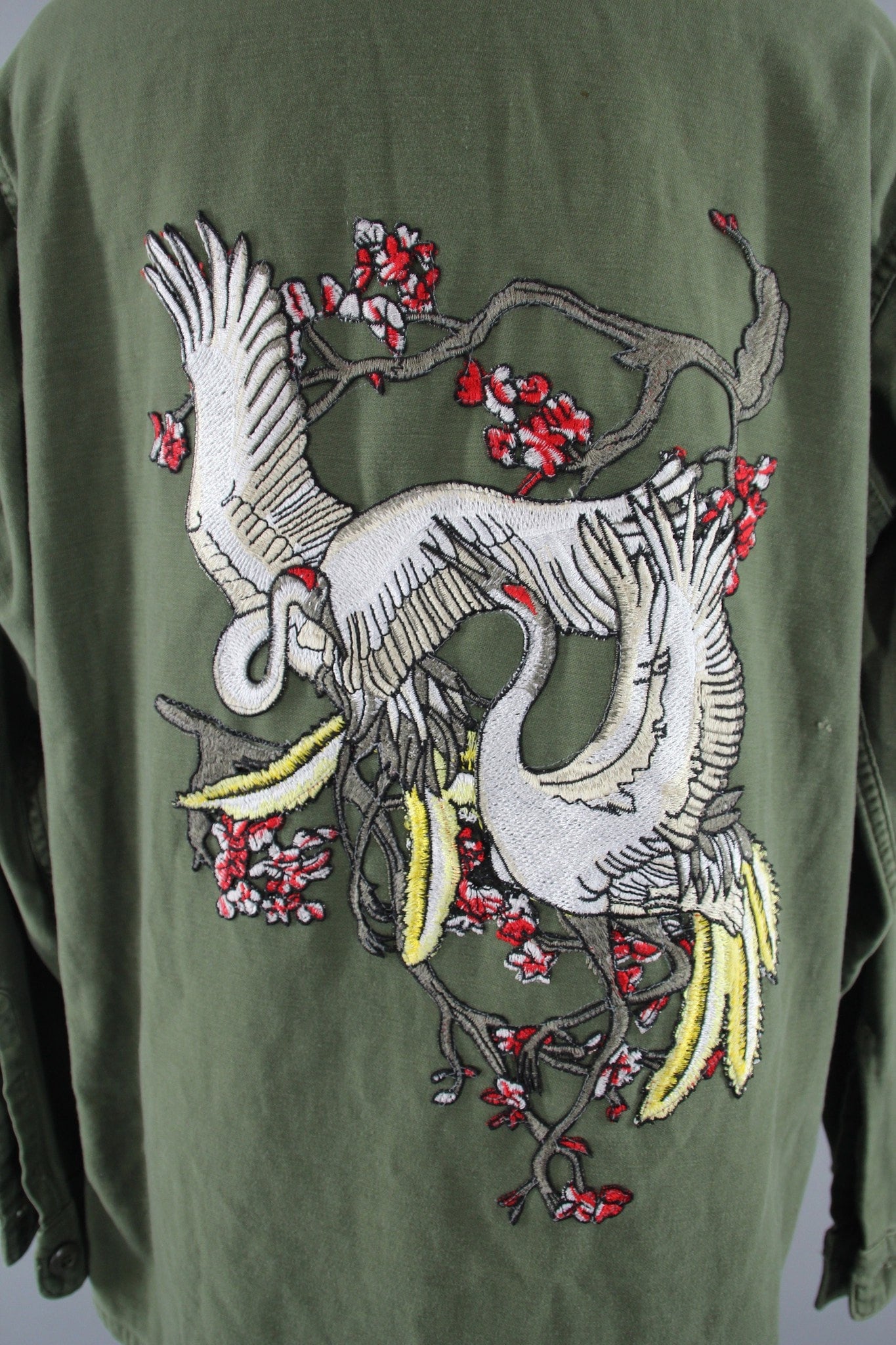 1960s Vintage Embroidered US Army Jacket with Flying Crane Birds Embroidery - ThisBlueBird