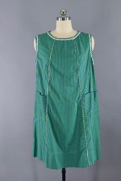 1960s Vintage Green & Blue Striped Shift Dress - ThisBlueBird
