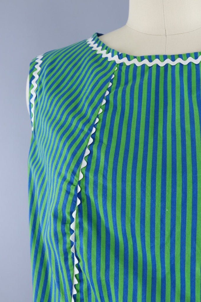 1960s Vintage Green & Blue Striped Shift Dress - ThisBlueBird