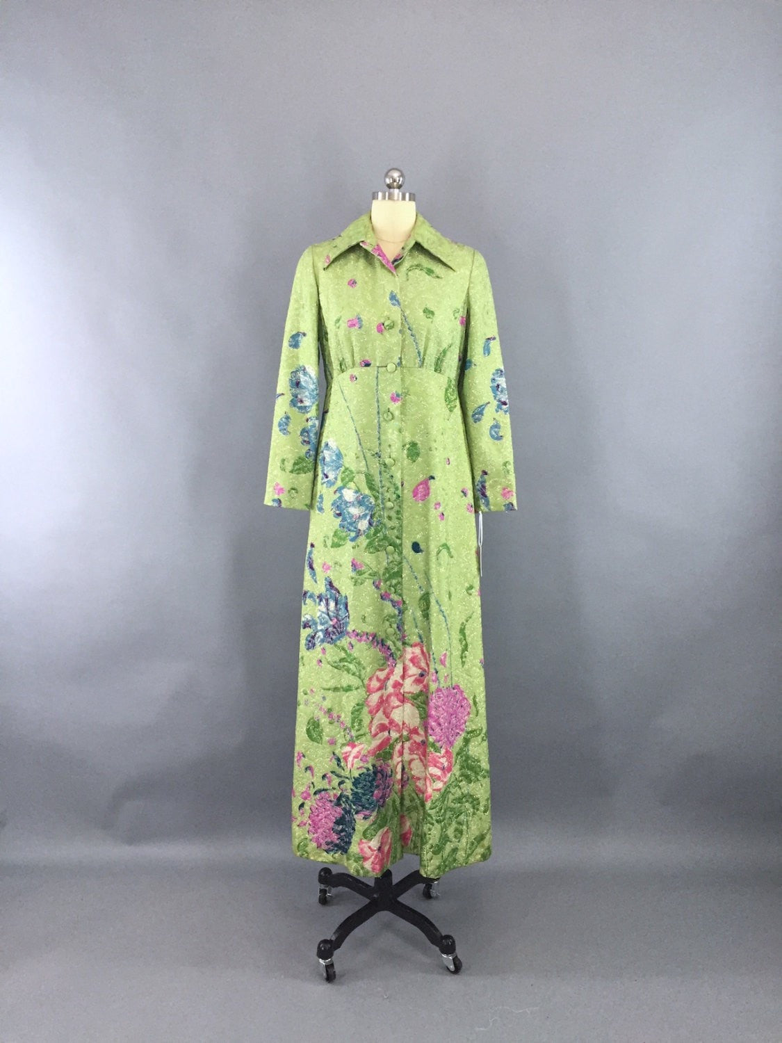 1960s Vintage Green Floral Brocade Hostess Maxi Dress - Coat - ThisBlueBird