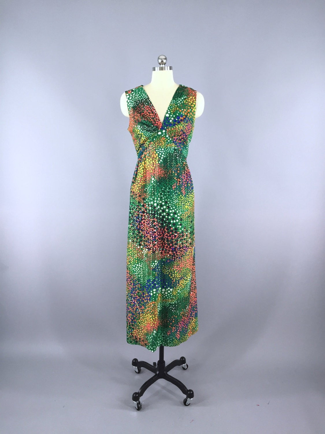 1960s Vintage Green Mod Print Maxi Dress - ThisBlueBird