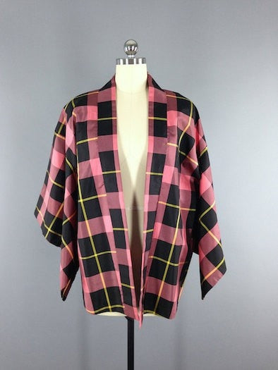 1960s Vintage Haori / Pink Plaid - ThisBlueBird