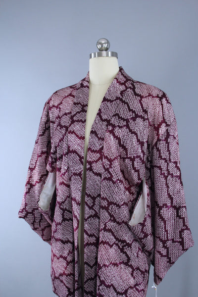 1960s Vintage Haori Silk Kimono Jacket with Purple & White Shibori Clouds - ThisBlueBird