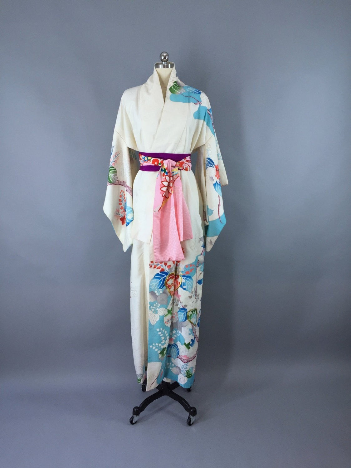 1960s Vintage Kimono Robe / Aqua Floral - ThisBlueBird