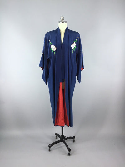 1960s Vintage Kimono Robe / Blue Embroidered Bird - ThisBlueBird