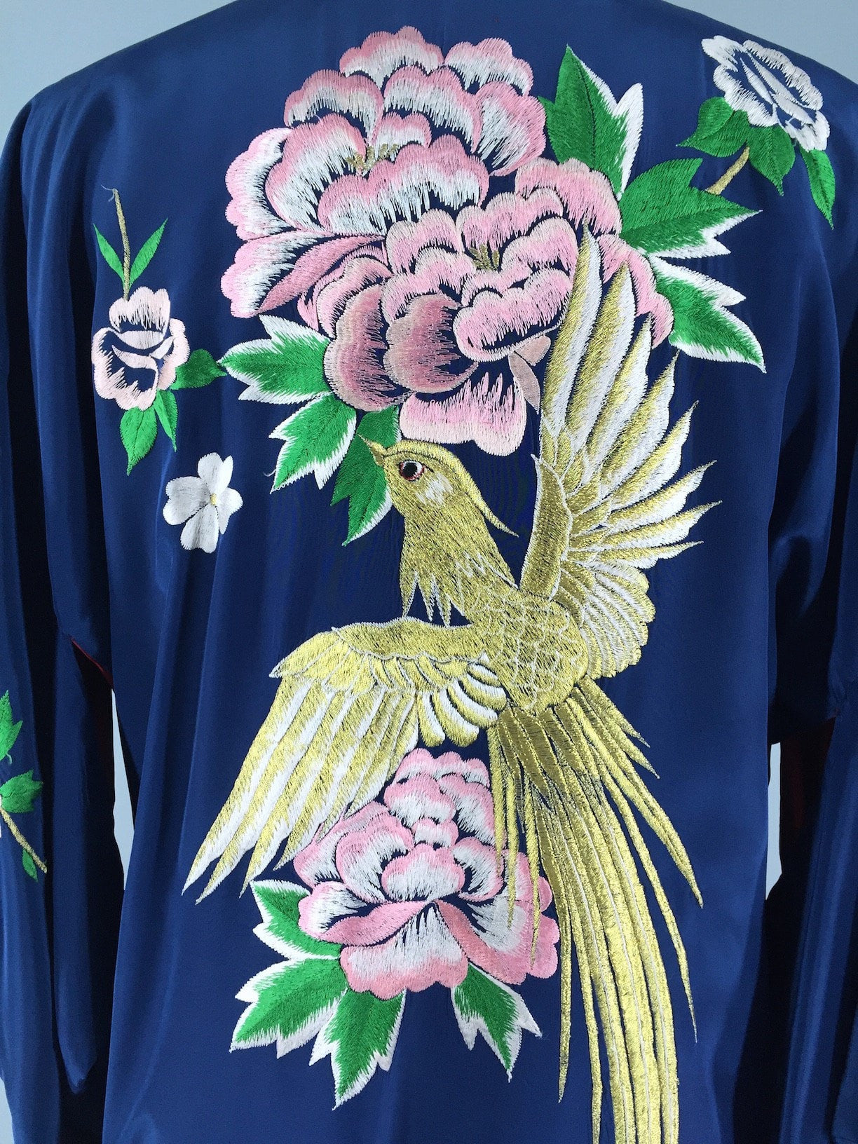 1960s Vintage Kimono Robe / Blue Embroidered Bird - ThisBlueBird