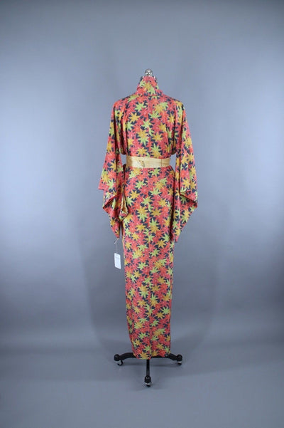 1960s Vintage Kimono Robe / Coral Blue Maple Leaf Floral - ThisBlueBird