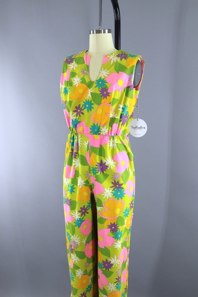 1960s Vintage LANZ Jumpsuit Romper / Yellow Green Mod Floral / XXS - ThisBlueBird
