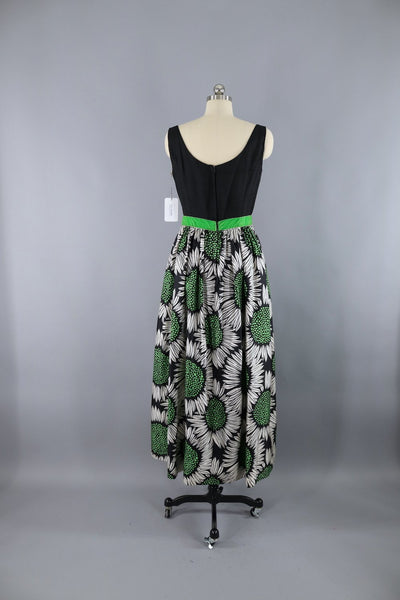 1960s Vintage Maxi Dress / Black & Green Sunflower Floral Print - ThisBlueBird