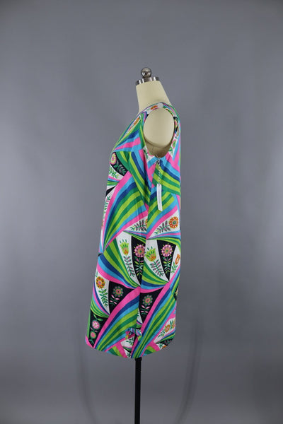 1960s Vintage Mod Shift Dress / Green & Neon Pink Abstract Floral Print - ThisBlueBird