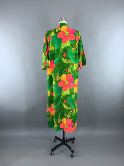 1960s Vintage Neon Green Hawaiian Print Caftan Dress - ThisBlueBird