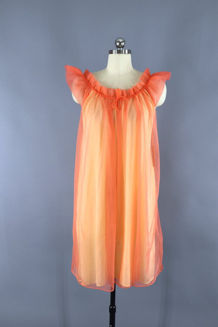 1960s Vintage Orange Chiffon Nightie Nightgown - ThisBlueBird