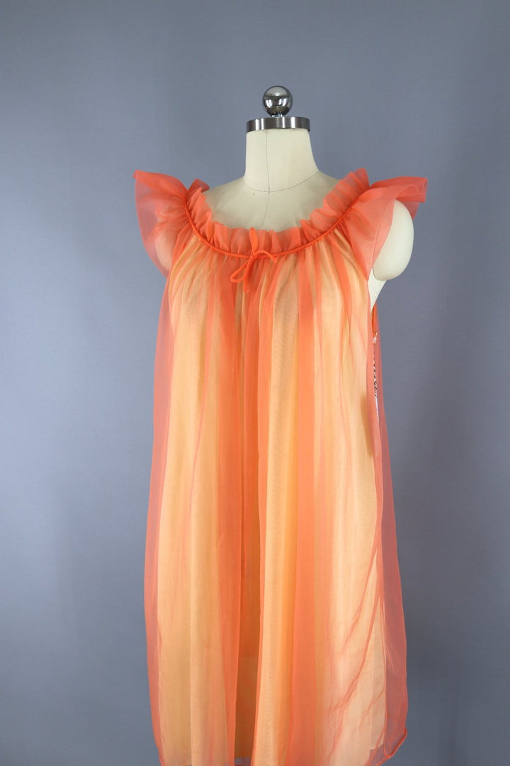 1960s Vintage Orange Chiffon Nightie Nightgown - ThisBlueBird