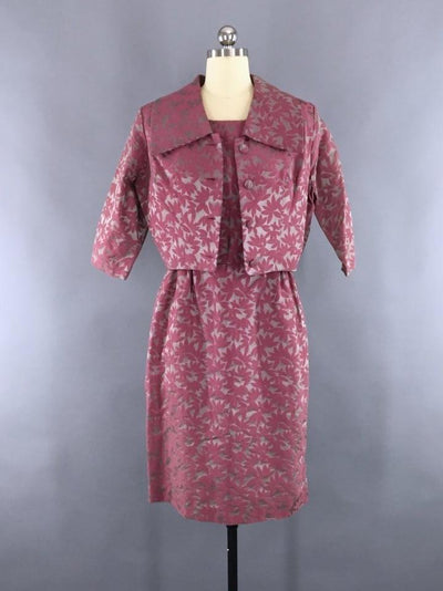 1960s Vintage Pink and Grey Satin Damask Dress and Jacket Set - ThisBlueBird