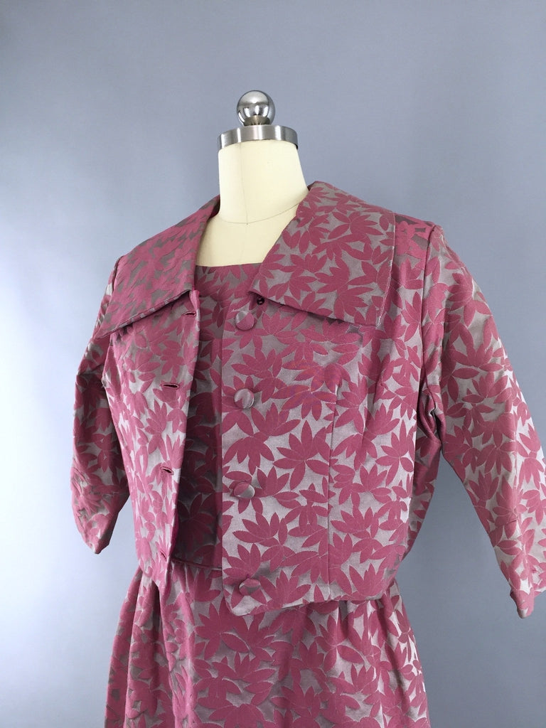 1960s Vintage Pink and Grey Satin Damask Dress and Jacket Set - ThisBlueBird