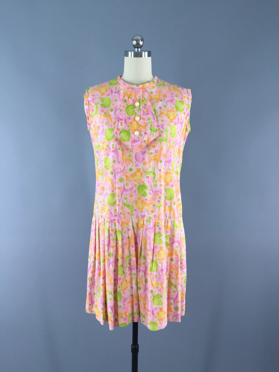 1960s Vintage Pink Safari Print Cotton Day Dress - ThisBlueBird