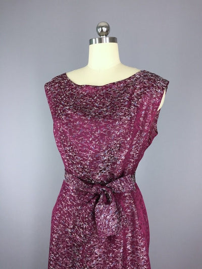 1960s Vintage Purple Satin Brocade Dress - ThisBlueBird