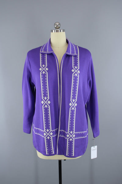 1960s Vintage Purple & White Knit Cardigan Sweater - ThisBlueBird