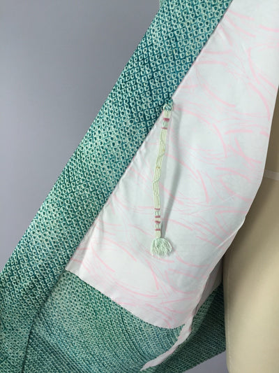 1960s Vintage Silk Haori Kimono Cardigan / Emerald Green Shibori - ThisBlueBird