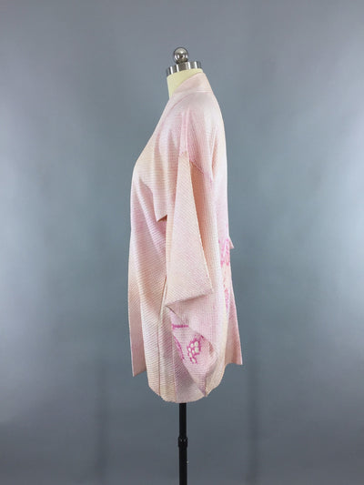 1960s Vintage Silk Haori Kimono Cardigan Jacket in Pink and Gold Grapes Shibori - ThisBlueBird