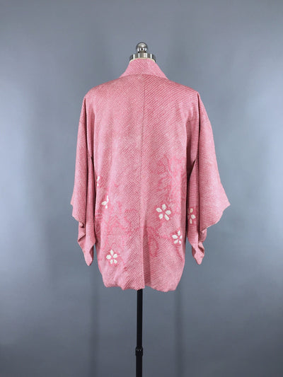 1960s Vintage Silk Haori Kimono Cardigan Jacket in Pink and White Shibori - ThisBlueBird