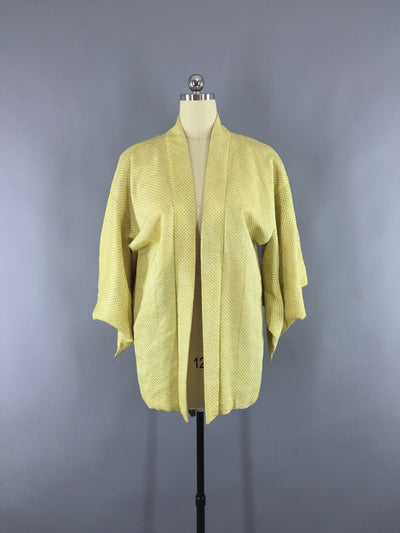 1960s Vintage Silk Haori Kimono Cardigan Jacket in Yellow and Green Shibori - ThisBlueBird