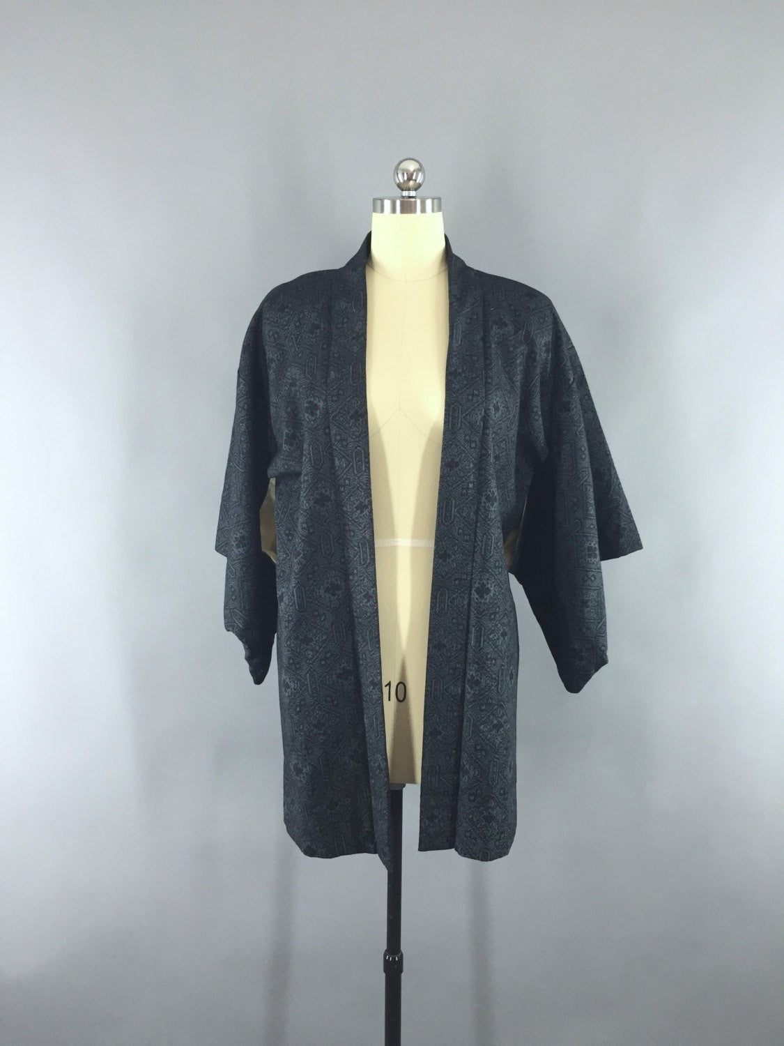 1960s Vintage Silk Haori Kimono Cardigan Jacket with Black and Grey Ikat Print - ThisBlueBird