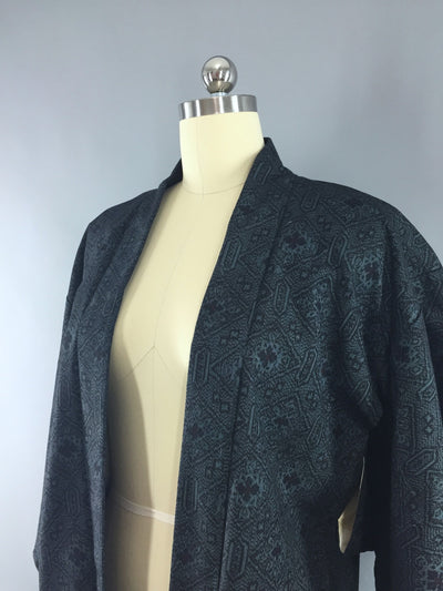 1960s Vintage Silk Haori Kimono Cardigan Jacket with Black and Grey Ikat Print - ThisBlueBird