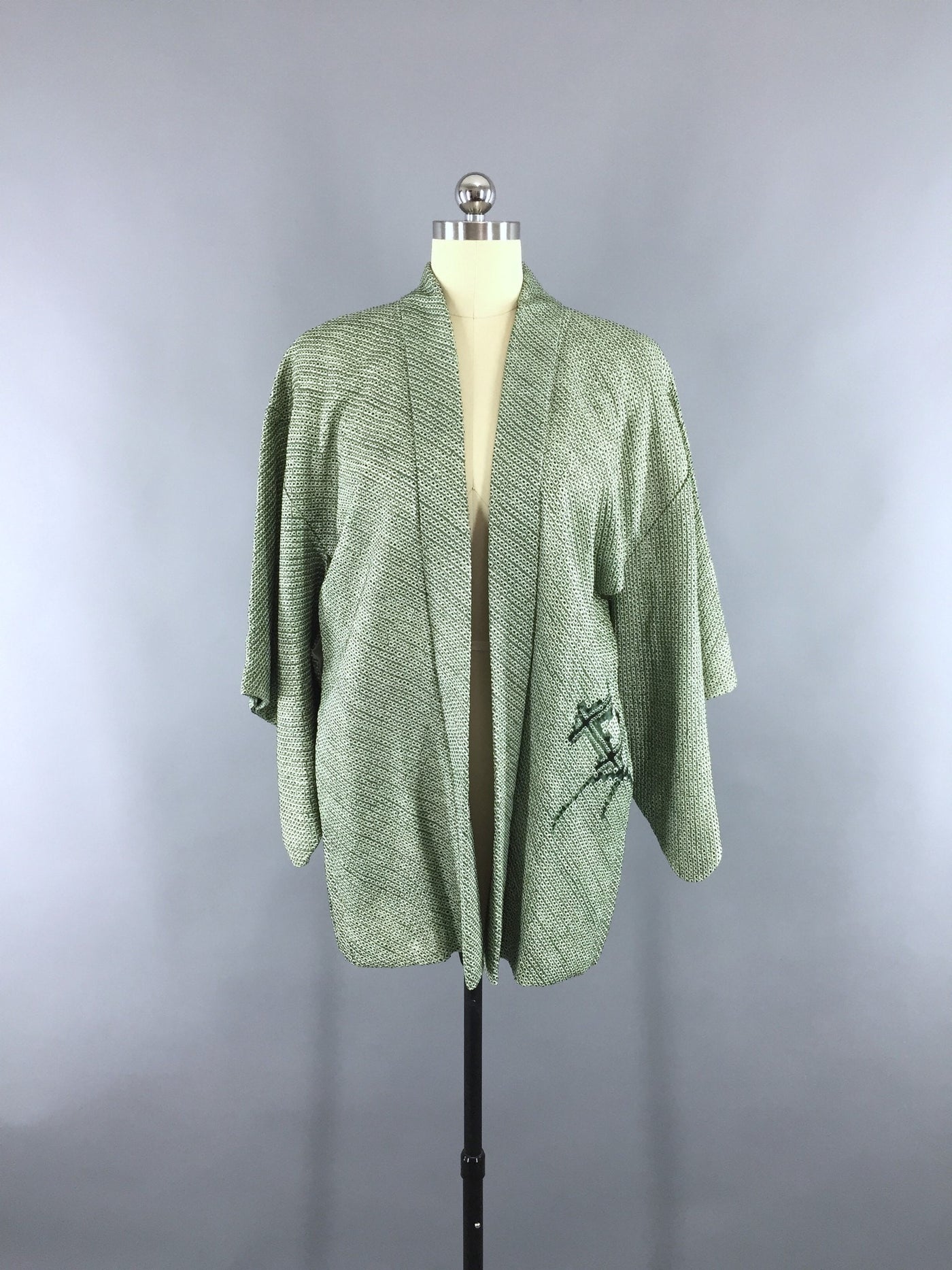 1960s Vintage Silk Haori Kimono Cardigan Jacket with Dark Forest Green Shibori - ThisBlueBird