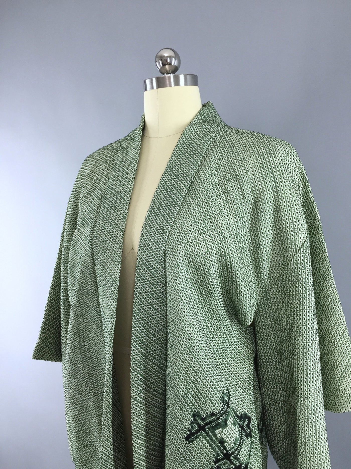 1960s Vintage Silk Haori Kimono Cardigan Jacket with Dark Forest Green Shibori - ThisBlueBird