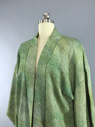1960s Vintage Silk Haori Kimono Cardigan Jacket with Green Ombre Shibori Stars - ThisBlueBird