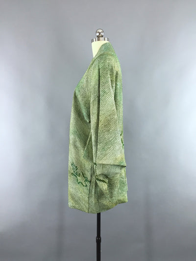 1960s Vintage Silk Haori Kimono Cardigan Jacket with Green Ombre Shibori Stars - ThisBlueBird