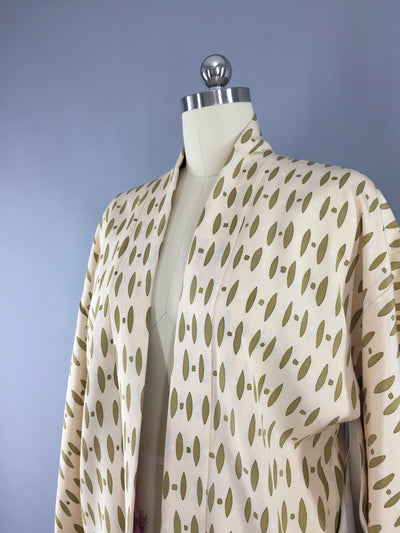 1960s Vintage Silk Haori Kimono Cardigan Jacket with Ivory and Olive Green Mod Print - ThisBlueBird