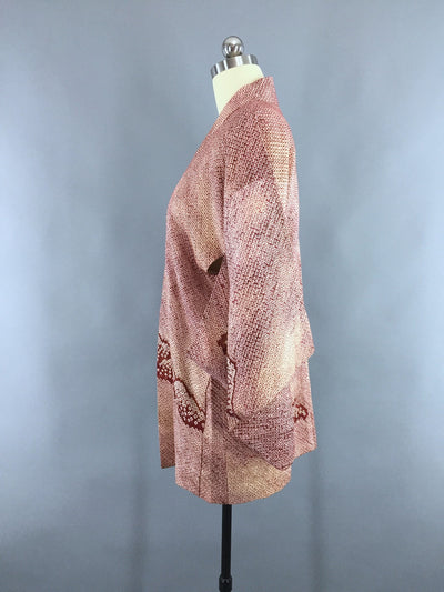 1960s Vintage Silk Haori Kimono Cardigan Jacket with Maroon Shibori Mountains Pattern - ThisBlueBird