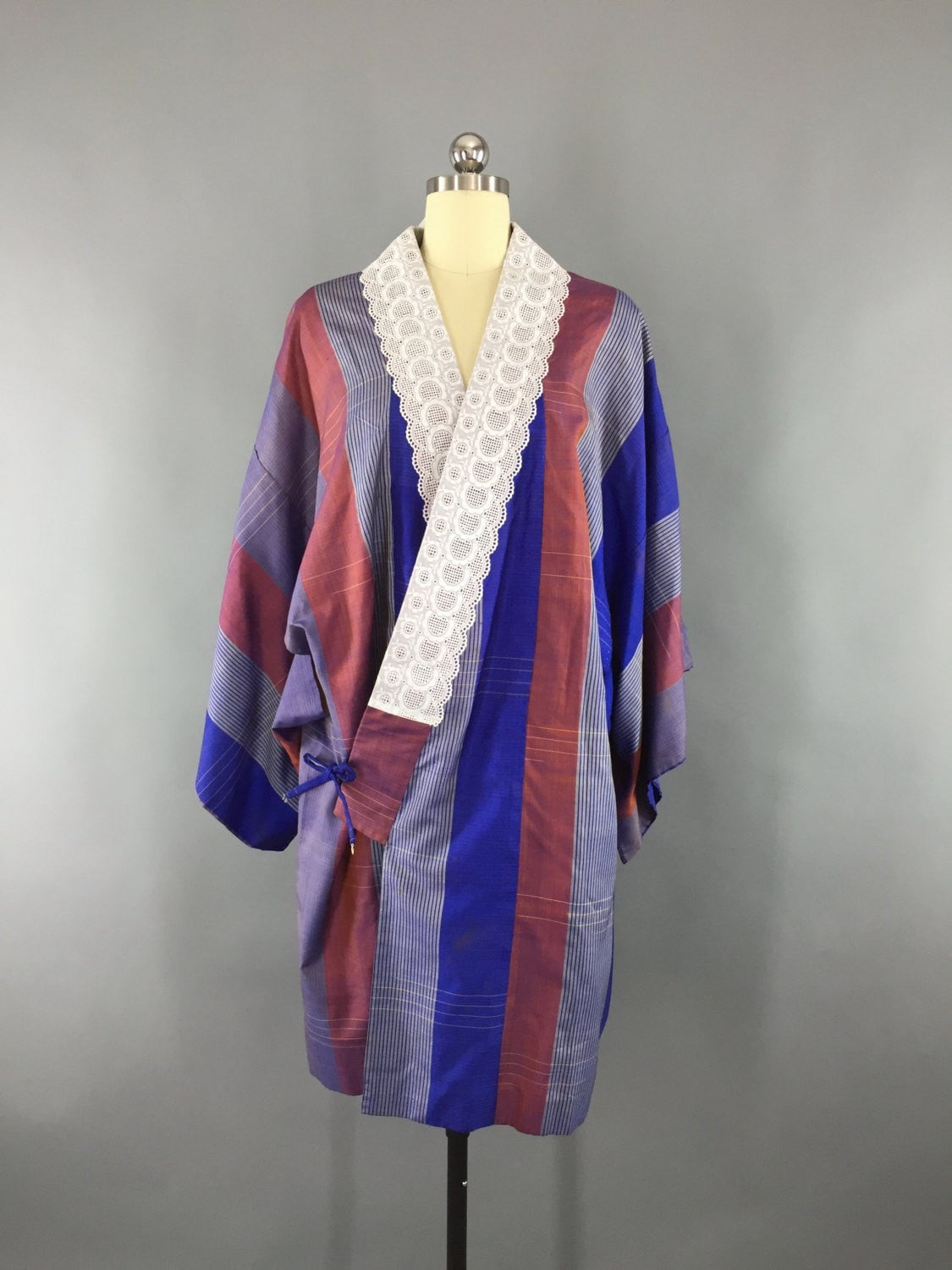1960s Vintage Silk Haori Kimono Cardigan Jacket Wrap Coat with Blue and Maroon Stripes - ThisBlueBird