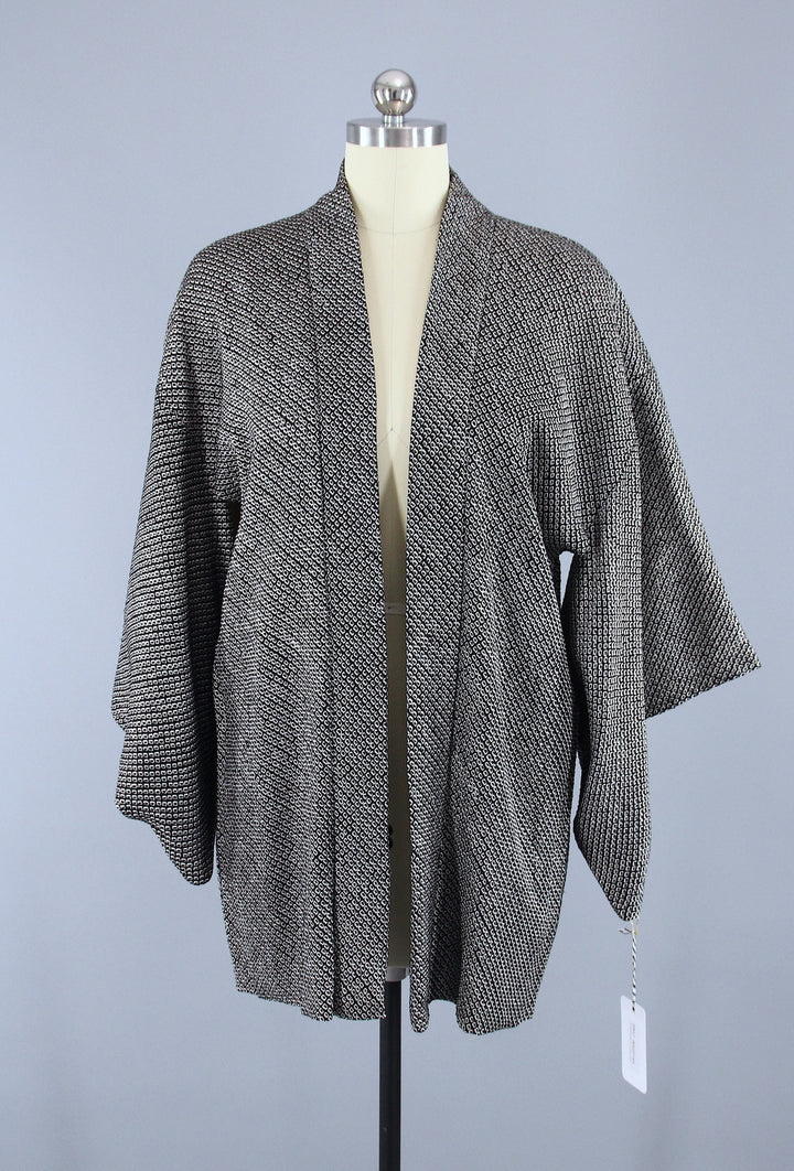 1960s Vintage Silk Haori Kimono Jacket Cardigan / Black &amp; White Shibori Dyed - ThisBlueBird