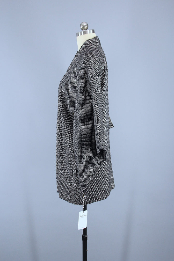 1960s Vintage Silk Haori Kimono Jacket Cardigan / Black &amp; White Shibori Dyed - ThisBlueBird