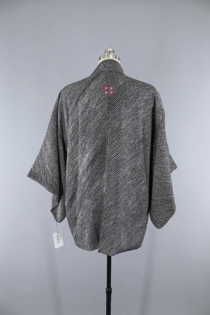 1960s Vintage Silk Haori Kimono Jacket Cardigan / Black &amp; White Shibori Dyed - ThisBlueBird