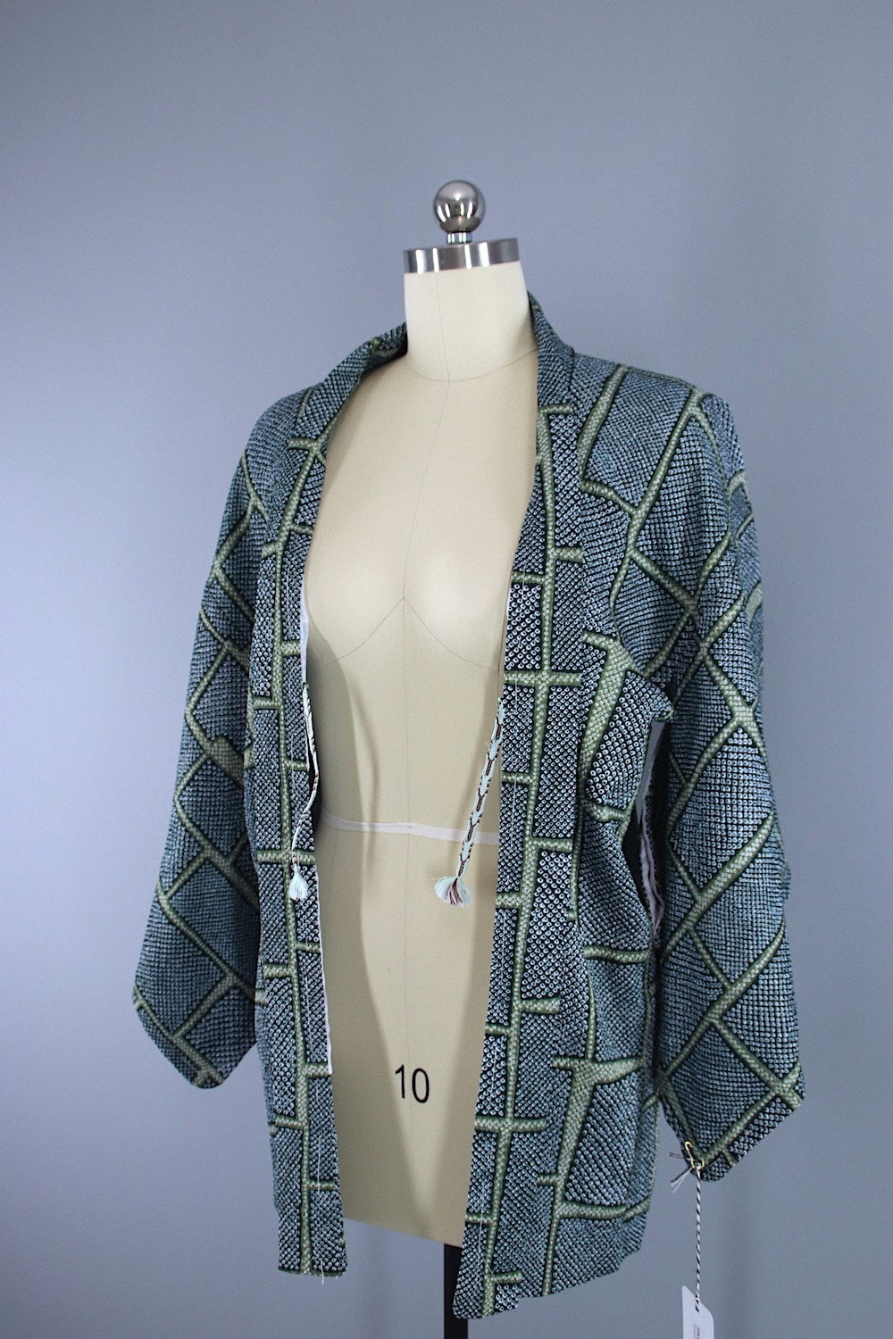1960s Vintage Silk Haori Kimono Jacket Cardigan / Dark Green Shibori - ThisBlueBird