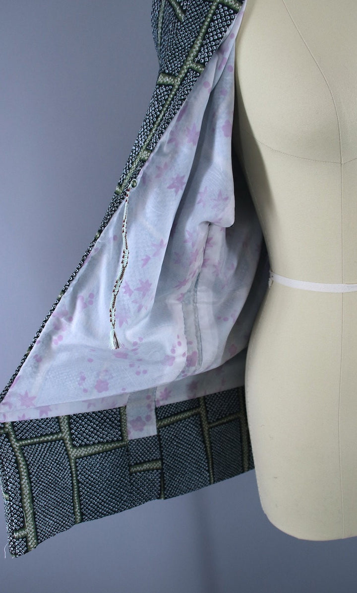 1960s Vintage Silk Haori Kimono Jacket Cardigan / Dark Green Shibori - ThisBlueBird