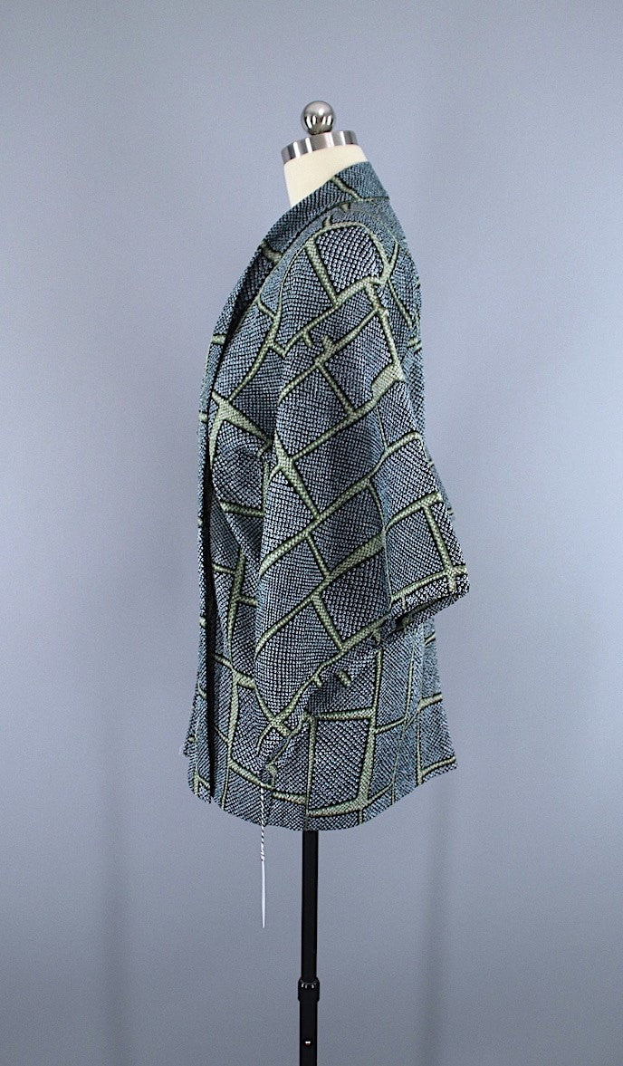 1960s Vintage Silk Haori Kimono Jacket Cardigan / Dark Green Shibori - ThisBlueBird