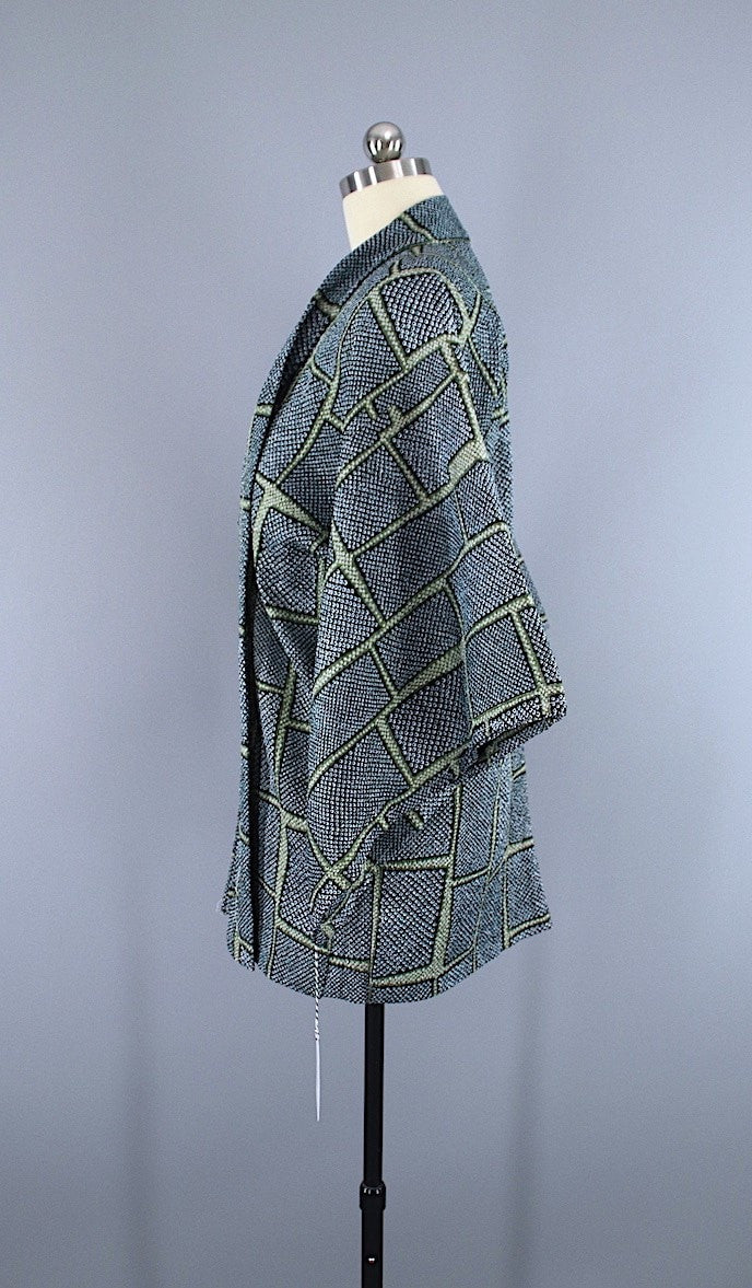 1960s Vintage Silk Haori Kimono Jacket Cardigan / Dark Green Shibori - ThisBlueBird