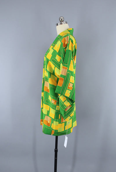 1960s Vintage Silk Haori Kimono Jacket Cardigan / Green Yellow Mod Print - ThisBlueBird