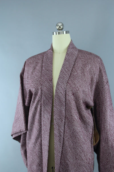 1960s Vintage Silk Haori Kimono Jacket with Purple Shibori Floral Pattern - ThisBlueBird